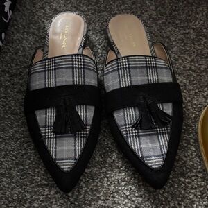 Ann Taylor Black and Gray Plaid Pointed-Toe Tassel Mules
